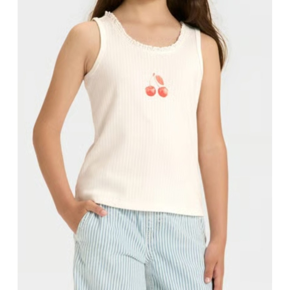 Cat & Jack Girl's Lace trim pointelle fitted Sleeveless Tank Top, Size S 6/7